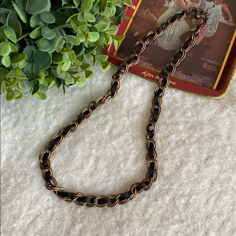 EXPRESS Gold Chain weaved with Black Ribbon Necklace